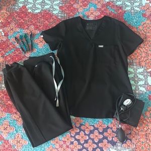 Black FIGS scrub pants (joggers) and top (one-pocket)